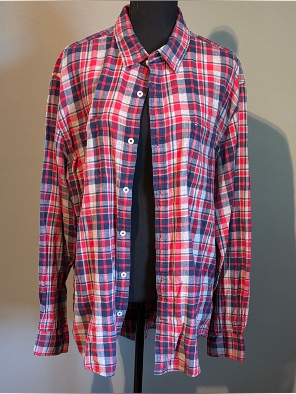 Tommy Hilfiger Red, Blue & White Plaid Cotton Button-Down Shirt